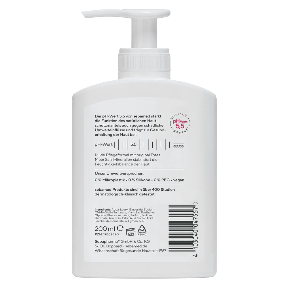 SEBAMED Emulsja do mycia soli morskiej 200 ml, do wyjątkowo łagodnego czyszczenia suchej i wrażliwej skóry, przeciwdziała wysuszeniu, zawiera oryginalne minerały soli z Morza Martwego