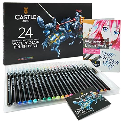 Castle Art Supplies Juego Rotuladores de Acuarelas | 24 Colores Vivos con Puntas de Nailon | Colorear, Dibujar y Rotulación: Profesionales, Artistas y Principiantes | Estuche Viaje con Pincel Acuarela