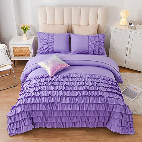 NTBED Ruffled Comforter Set Casual Textured for Girls Kids All Season, Soft Chic Princess Bedding Set with Matching Pillow Shams(Purple,Full6pcs)