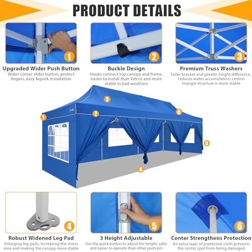 Image of HOTEEL Tents for Parties 10x30 Pop Up Canopy Tent Heavy Duty with 8 Sidewalls, Commercial Party Tent Event Wedding Instant Canopy Waterproof with Carry Bag, UV 50+, Thicked Hexagonal Legs, Blue