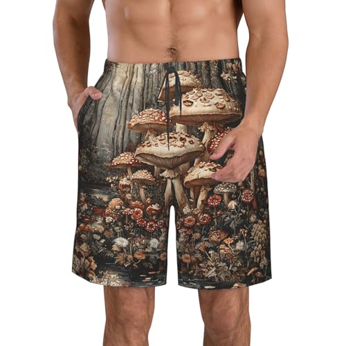 Men's Swim Trunks Bathing Suit Quick Dry Beach Board Shorts - Mushroom Jungle Vintage Art