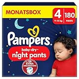 Pampers Night Windeln Pants Größe 4 (9kg-15kg) Baby-Dry, MONATSBOX, Windelhöschen bieten zusätzlichen Schutz für die ganze Nacht, 180 Höschenwindeln