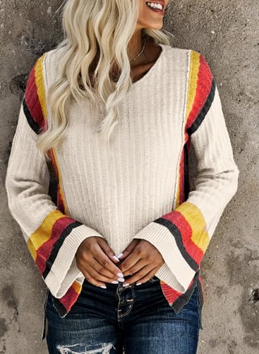 Image of Dokotoo Womens 2026 Spring Summer Casual Crewneck 3 /4 Sleeve Striped Lightweight Knit Trendy Boho Tops Pullover Sweaters