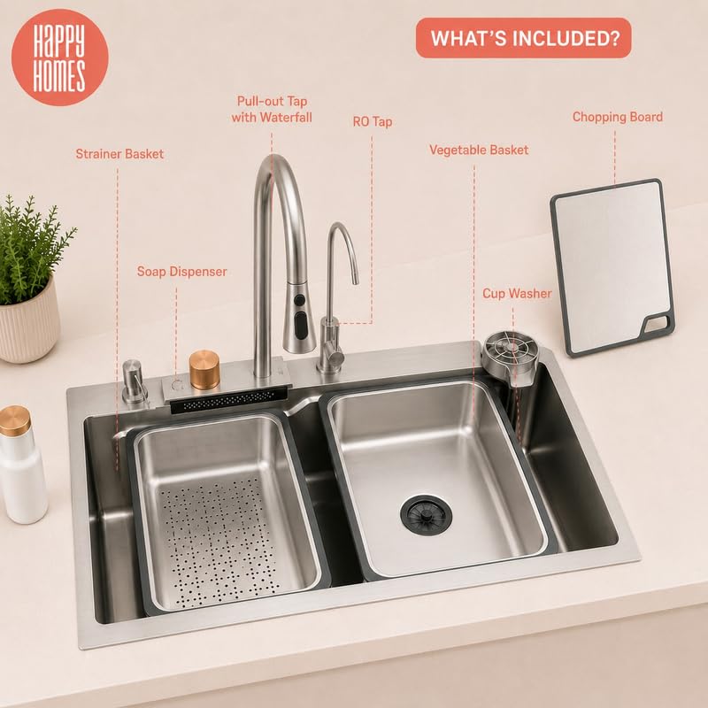 Image of HAPPY HOMES 304 Stainless Steel Kitchen Sink with Integrated Waterfall and Pull-down Faucet Set (30x18x9 inch, Nano Coating HEAVY