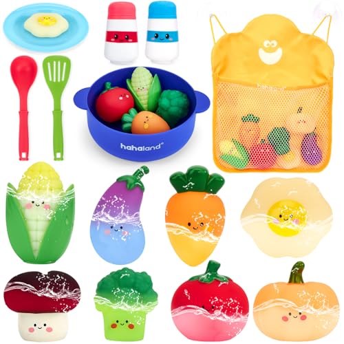 hahaland Juguetes Baño Bebé 1 año - Sopa de Verduras para Bañera con 8 Alimentos Cambiantes de Color y Bolsa Malla, Juguetes Creativo Regalo Niños 1 2 3 años
