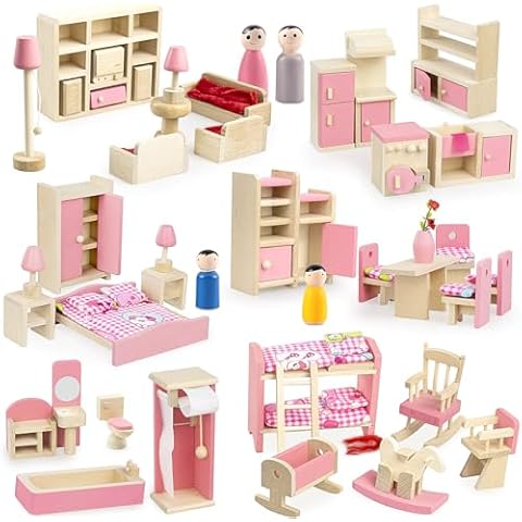 43PCS Wooden Dolls House Furniture Set Cover