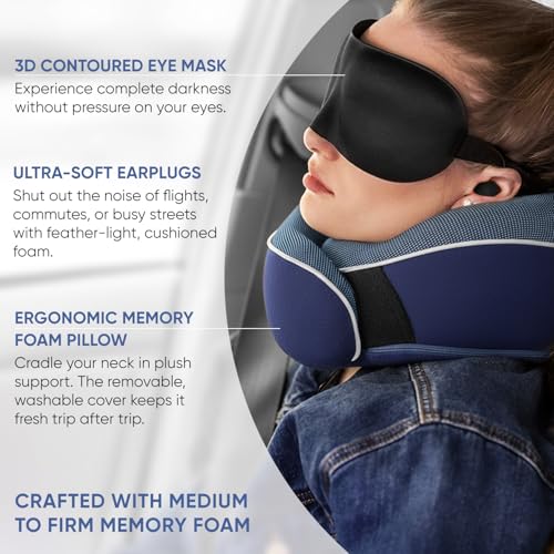 Image of Proglobe Orthopedic Neck Pillow Travel Neck Pillows for Airplanes, Memory Foam Kit, Updated Resting Material, Airplane Travel Set with 3D Contoured Eye Masks, Earplugs, and Luxury Mesh Bag (Blue)