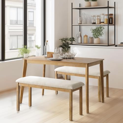 Image of Farmhouse Dining Table, Rectangular Wooden Kitchen Table, Rubberwood Legs