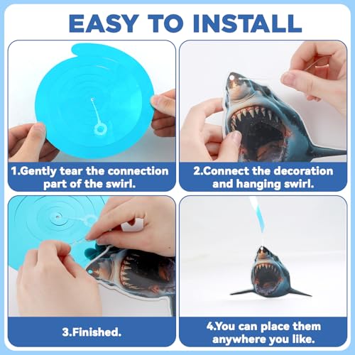 Image of CHUNNIN 60PCS Shark Birthday Party Supplies Blue Ocean Shark Theme Hanging Swirls Under the Sea Birthday Swirls Foil Ceiling Streamers for Ocean Realistic Sharks Theme Party Decorations