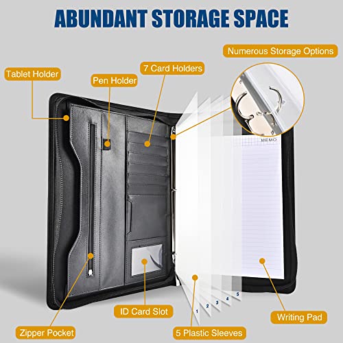 Linaxbong 3 Ring Padfolio Portfolio Business Binders，Secure Zippered Closure，Resume Padfolio Business Organizer—Pu Leather Padfolio Portfolio Binders For Men & Women (Black) #TOP1