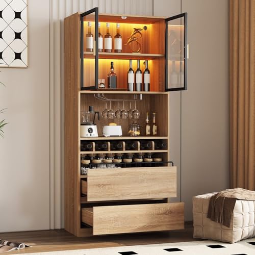 PUGSDRLY Meuble Cuisine,Buffet Cuisine,Vitrine en Verre avec LED Réglable,Casier à Bouteilles,Porte-Verres à Vin,Buffet Salon,Vaisselier avec 2 Tiroirs,pour Bar,Salle...