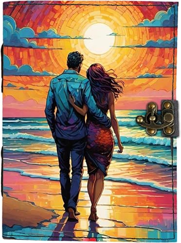 Image of Mr KRAFT Handcrafted A5 120 GSM White Paper Premium Beachside Walking Couple UV Print Diary Leather Journal with Unique UV Love Print Writing Diary Notebook Unruled Personal Diaries for Men,Women-5x7 (A-010)
