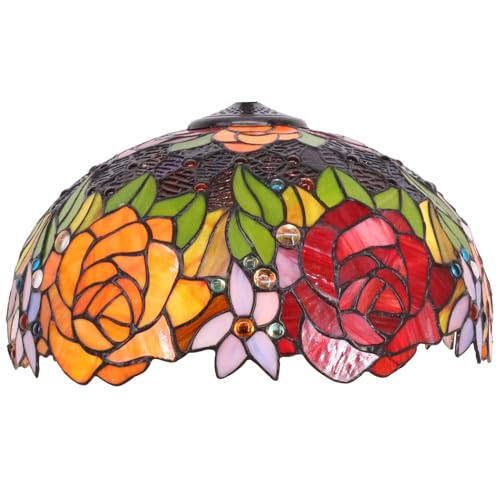 Image of 16Inch Tiffany Lamp Shade Replacement Only (Red Yellow Roses) | Stained Glass Lampshade Fit For Table Lamps FLoor Lamp Ceiling Fixture Pendant Hanging Light Home Office Decoration