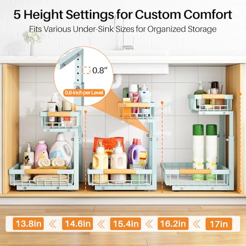 Image of PXRACK Under Sink Organizer, Adjustable Height, 2 Tier Pull Out Under Cabinet Organizer, Slide Out Thickened Metal Under Sink Storage for Kitchen Bathroom Laundry Pantry Cabinet, Blue, Large-1-Pack
