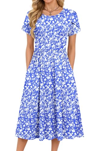 MOLERANI Damen Sommerkleider Knielang Rundhals Blumenmuster Freizeitkleid Elegant Kleider Loose Swing Damenkleid Casual Midikleid mit Taschen Blau Weiß Blumenmuster L 1