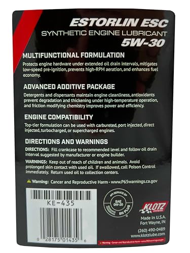Klotz Estorlin ESC Synthetic Engine Oil Lubricant 0W-20 for High-Performance Vehicles | Wear Protection & Antioxidant - Emission System Compliant KE-435, 1 Quart