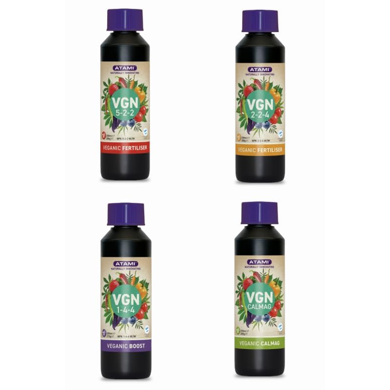 Atami - Veganic Fertiliser 4-PACK - Kit completo de fertilizantes veganos - 4 X 250 ml - Abonos orgánicos, ecológicos y naturales para todas las fases del cultivo de plantas