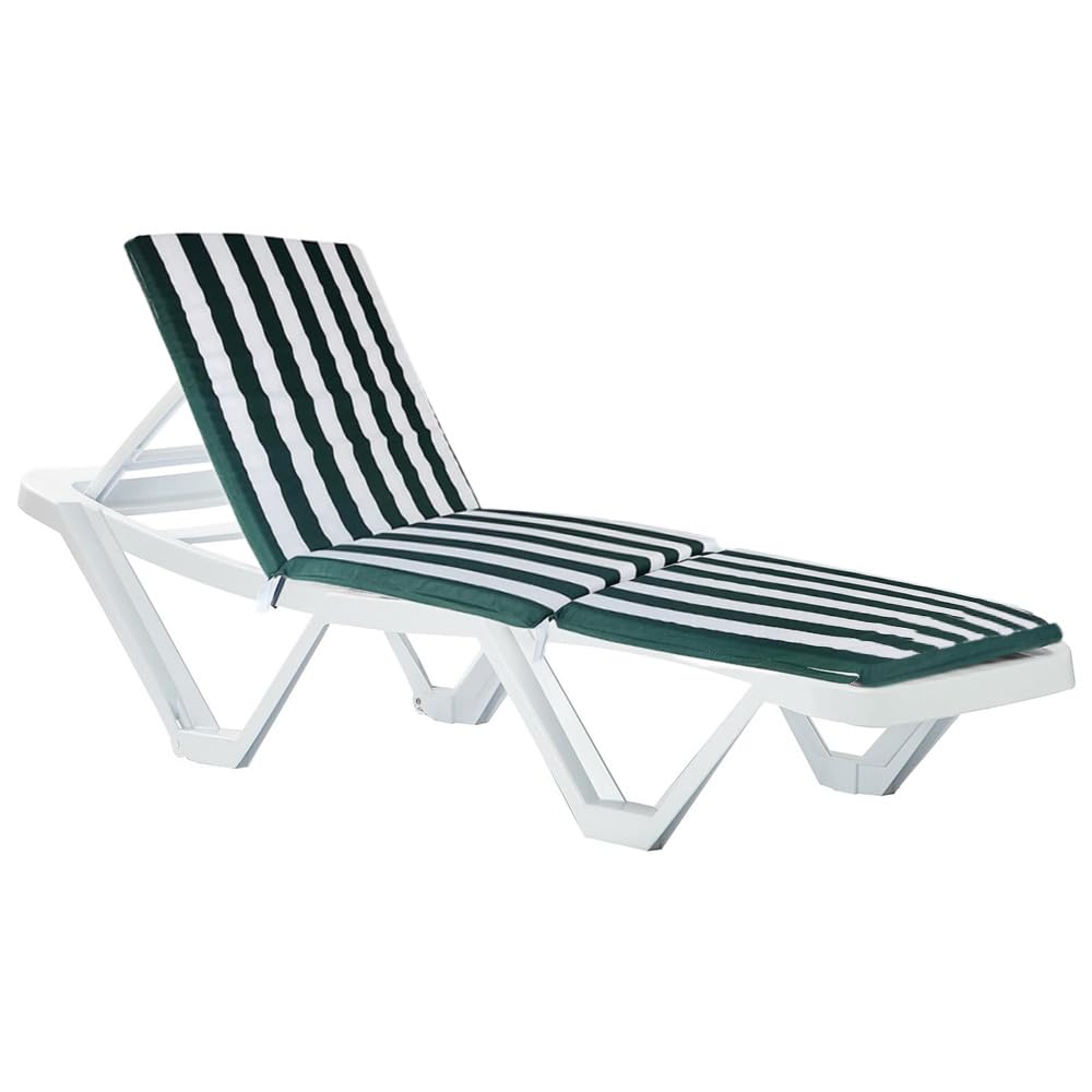 VIRSUS Cuscino per Lettino Prendisole da Giardino 333, Misura 58x180 cm, Tessuto Verde e Bianco, Spessore 4 cm, Imbottitura Morbida Sfoderabile con Cerniera, Elastico, con Lacci (Lettino)