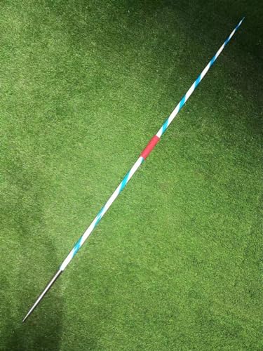 The Montainsports Competition Javelin for Girls -White with Blue Color Red Cord javelins 500Grams -Durable Galvanized Steel tip Suitable for All Wind Conditions Javelin 500g