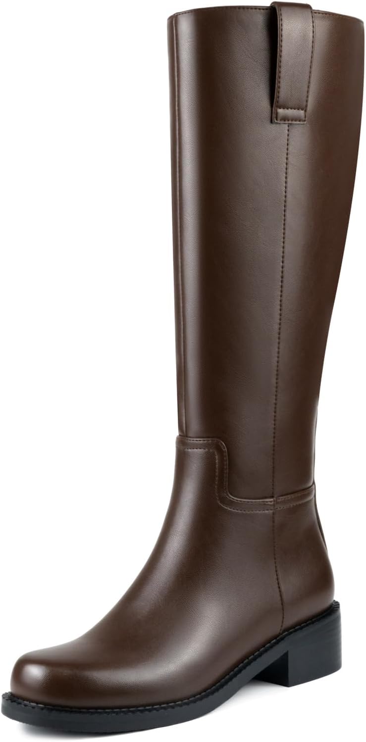 Knee High Boots Women Flat Low Heel Side Zipper Fall Winter Faux Leather Long Tall Riding Boots