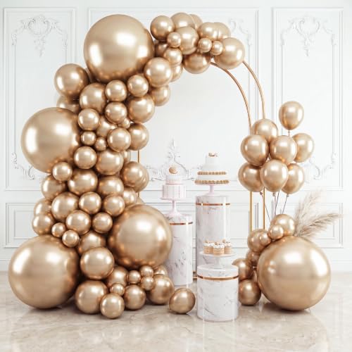 RUBFAC 154pcs Metallic Champagne Gold Balloons Different Sizes of 18 12 10 5 Inch Chrome Gold Balloon Arch Kit Garland for Birthday Graduation Baby Shower Wedding Bachelorette Party Decorations