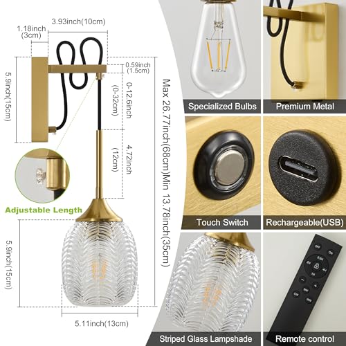 Image of Battery Operated Wall Sconce Rechargeable Wall Light with Dimmable Bulbs Cordless Wall Lamps with Striped Glass Lampshade for Bedroom Living Room Hallway (Gold)
