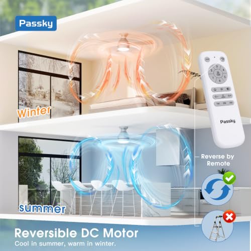 Image of Passky Ceiling Fans with Lights, 42 inch Low Profile Ceiling Fan with Pull Chain and Remote Control, Flush Mount, Reversible, 5CCT, Dimmable, Noiseless, Nickel Pull Cord Ceiling Fan for Bedroom | Flush mount, pull chain, remote, 3-color dimmable light, quiet reversible DC motor, easy install, memory, timer, bedrooms