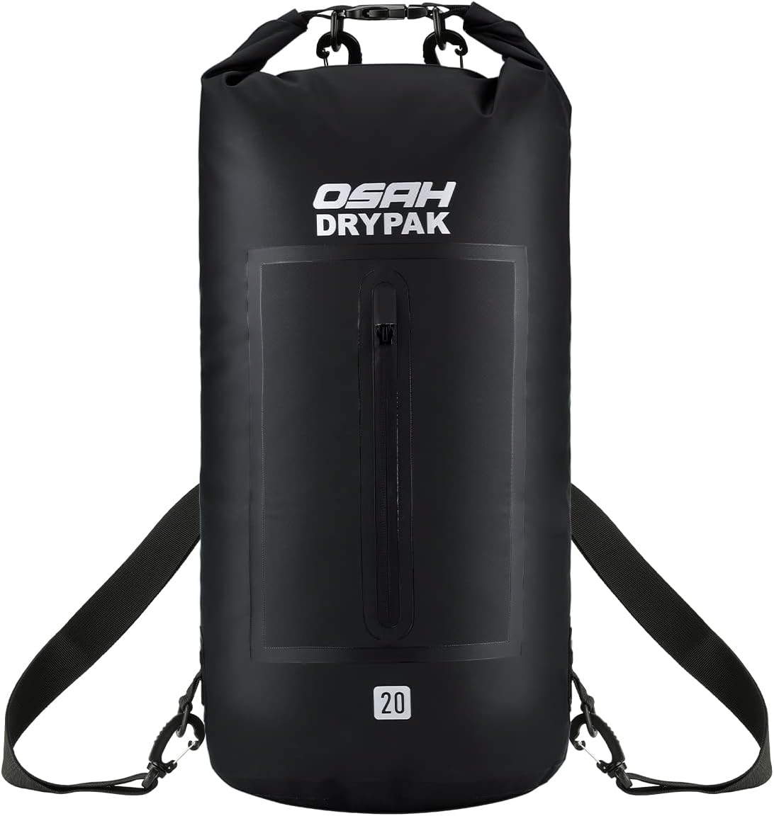 OSAH DRYPAK Dry Bag Waterproof 5L 10L 20L Waterproof Roll Top Backpack Floating Dry Sack Pouch Adjustable Shoulder Strap for Kayak Boat Fishing Rafting Swimming Water Sports Drifting (Black-1PC, 20L)