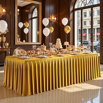 6FT Gold Satin Tablecloths for Rectangle Tables - Shiny Spandex Party Table Cover with Pleated Table Skirt, No-Wrinkle & Glossy Wedding Tablecloth One-Piece for Birthday Baby Shower Banquet Ceremony