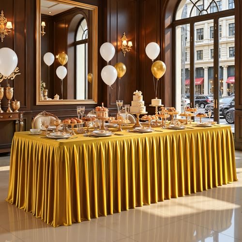 6FT Gold Satin Tablecloths for Rectangle Tables - Shiny Spandex Party Table Cover with Pleated Table Skirt, No-Wrinkle & Glossy Wedding Tablecloth One-Piece for Birthday Baby Shower Banquet Ceremony