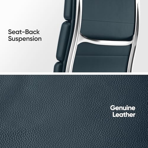 Image of Genuine Leather Office Chair, Padded Executive Desk Chair with Arms, Wheels, Lumbar Support, Aluminum Base (Dark Blue, High-Back)