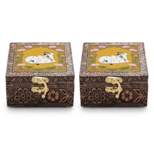 Image of Kamdhenu Wooden Jewellery Box | Handcrafted Decorative Storage Organizer | Traditional, Multipurpose Keepsake Box for Rings, Earrings & Small Accessories | Golden, Pack of 2
