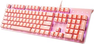 i-rocks K75M Illuminated Mechanical Keyboard, 104 Keys, with Cherry MX Switches, PBT Keycaps, Backlit LED Light and Shortcut Keys - Programmable Light & Macro Recorder (Cherry MX Red Switch, Pink)