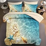 WeCozy 7 Pcs Queen Size Comforter Set with 2 Pillowcases & 2 Shams, Summer Beach Seashell Bedding for Kids and Adults, Blue Ocean Sea Shell Bed in a Bag with Flat Fitted Sheet