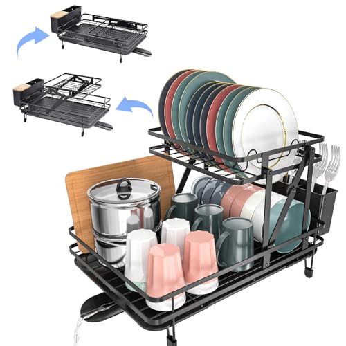 APEXCHASER 2 Tier Dish Drying Rack, Free Assembly Dish Drainer with 360° Swivel Spout Drip Tray, Foldable Plate Rack Non-slip Feet Draining Rack,Wooden Utensil Holder Dish Rack for Kitchen