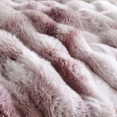 Image of Wonderful - 3 Pieces Faux Rabbit Fur Comforter Set King Size, Purple Pink Tie Dye Plush Bedding Set, 3D Sculpted Bubble Warm Fluffy Comforter for Winter