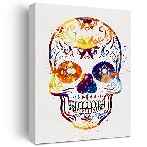 Sugar Skull Watercolor Wall Art Goth Skull Canvas Painting Prints For Home Office Wall Decor Framed Horror Artwork Gothic Gifts(12X15) #TOP18