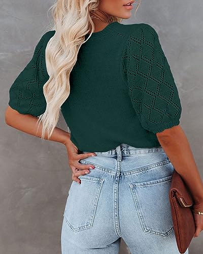 Image of Womens Short Sleeve Sweaters Crewneck Knit Pullover Tops 2025 Summer Casual Lightweight Crochet Blouse Shirt