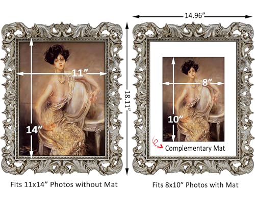 Image of 11x14 Picture Frame Silver Ornate Vintage Antique Gothic Baroque | Wall Display, Fits 8x10 Photos with Mat or 11x14 Photos