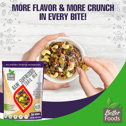 BetterFoods Raw Superfoods Trail Mix - The Works | Cashews, Mulberries, Pumpkin Seeds, Sunflower Seeds, Brazil Nuts, Goji Berries, Golden Berries, Vegan, Gluten-Free, No Added Sugar | 20oz, Pack of 1