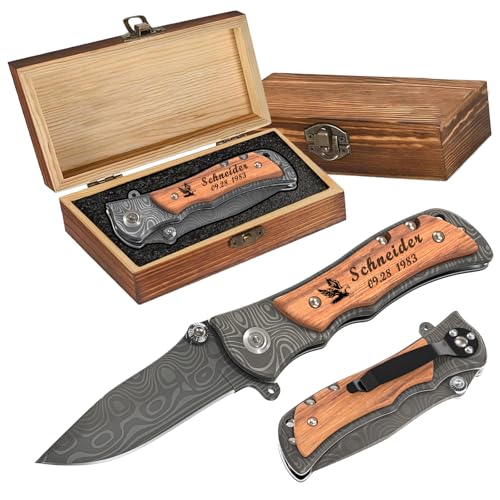 PolyYL Personalisiertes Klappmesser, Edelstahl & Holz Griff, Gravieren Sie Ihren Vornamen, Personalisiertes Taschenmesser als Geschenk für Männer,...