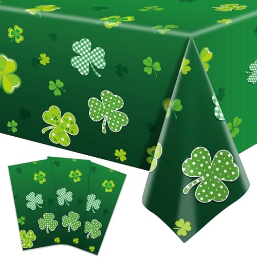 Image of 3 Pack 54 x 108 Inch St. Patrick's Day Plastic Tablecloth - Green with Assorted Shamrock Designs, Disposable Irish-Themed Clover Rectangle Table Cloth for Indoor Outdoor Table Cover Decorations