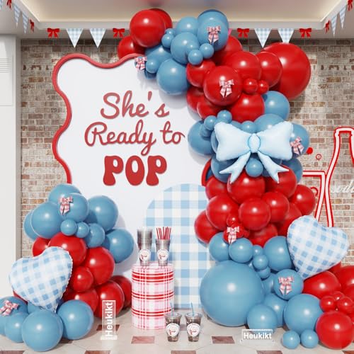 Shes Ready to Pop Balloon Garland Kit 144Pcs Dusty Blue Red Balloon with Bow Heart Foil Balloon Arch Decorations for Girl Baby Shower Birthday Ready to Pop Party Supplies