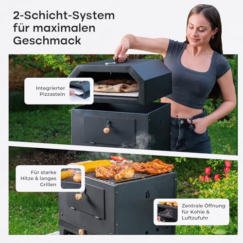 BALHEKA Pizzaofen Outdoor 2-in-1 mit Feuerstelle | XXL Zubehör Set inkl. Cordieritstein, Thermometer, Kohleschale & Abdeckhaube