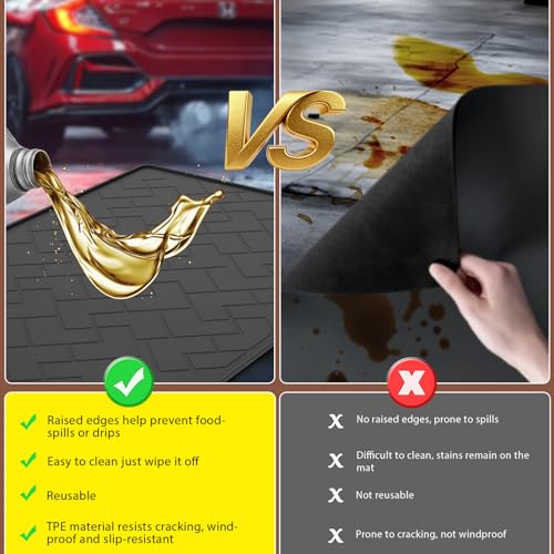 beenxmyy Oil Spill Mat for Garage, 60\" x 37\" Heavy Duty TPE Oil Change Mat with Raised Edge, Reusable Oil Drain Pan, Waterproof, Oil-Proof, Non-Slip Under Car Mat