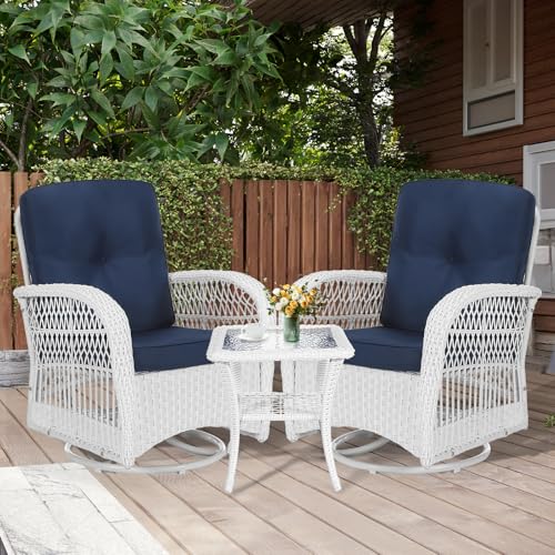 MEETWARM 3 Pieces Outdoor Wicker Swivel Rocker Patio Set Rocking Chairs Rattan Patio Furniture Sets with Thickened Cushion and Glass-Top Coffee Table Conversation Bistro Set White Wicker/Navy