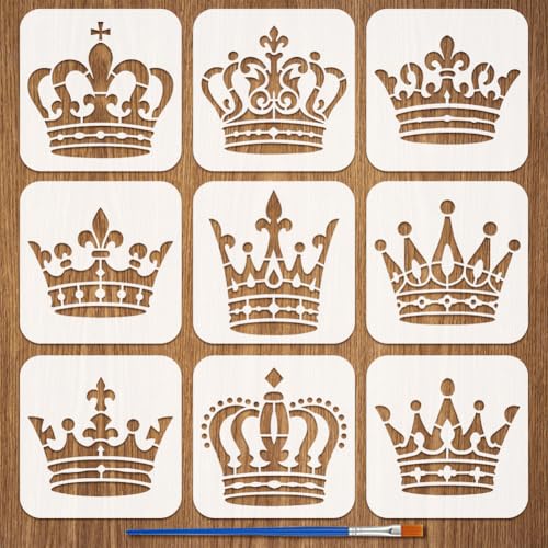 FINGERINSPIRE 9Pcs Pochoirs Couronne Peinture Avec Pinceau 15x15cm Pochoirs Reutilisables Reine Princesse Art Modèle Couronne Roi en Plastique pour Peinture...
