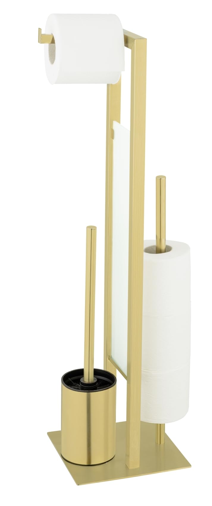 Stand Rivalta Gold - Escobillero de inodoro de pie 3 en 1 para papel higiénico, ruedas de repuesto y escobilla de inodoro, acero inoxidable, 18 x 70 x 23 cm, color dorado