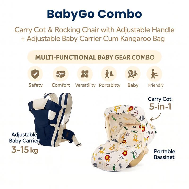 Image of BabyGo Baby Combo : Carry Cot & Rocking Chair with Adjustable Handle + Adjustable Baby Carrier Cum Kangaroo Bag | Safe, Comfortable & Multi-Functional Infant Gear (Beige & Blue)