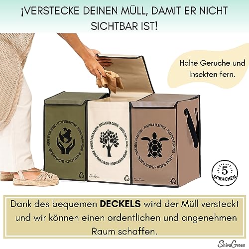 Shiva Green Mulltrennsystem 3fach - Recycling System - Altglas Sammelbehälter - Leergut Sammelbehälter - Altpapier Sammler - aus Plastik und Glas mit Deckel (Meredith.) – Bild 3